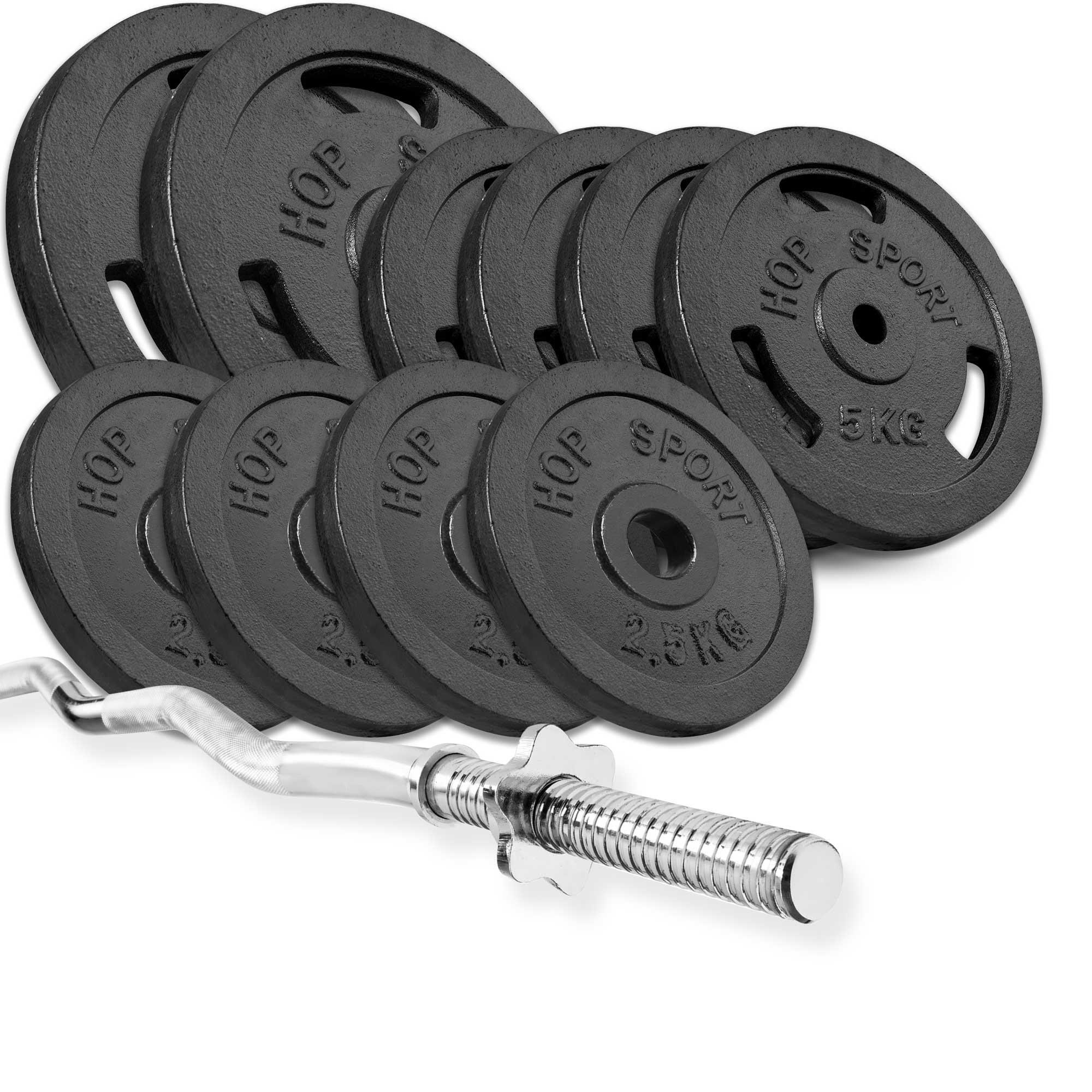 HOP-SPORT Sada litinových závaží Strong 57kg s ohýbánou tyčí