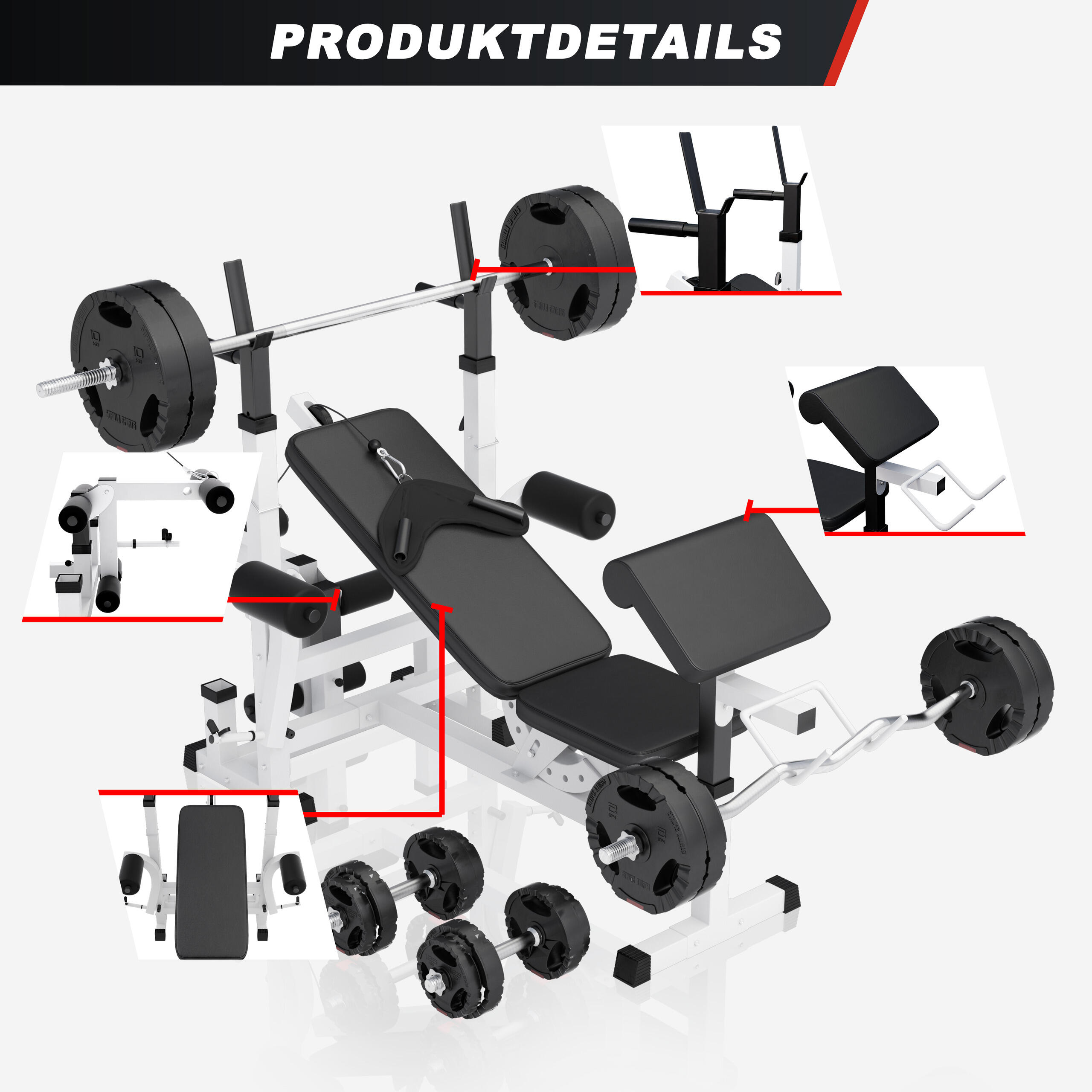 Banc de Musculation - Multifonction, Set Haltères 100kg, Banc d'Haltérophilie 4/7