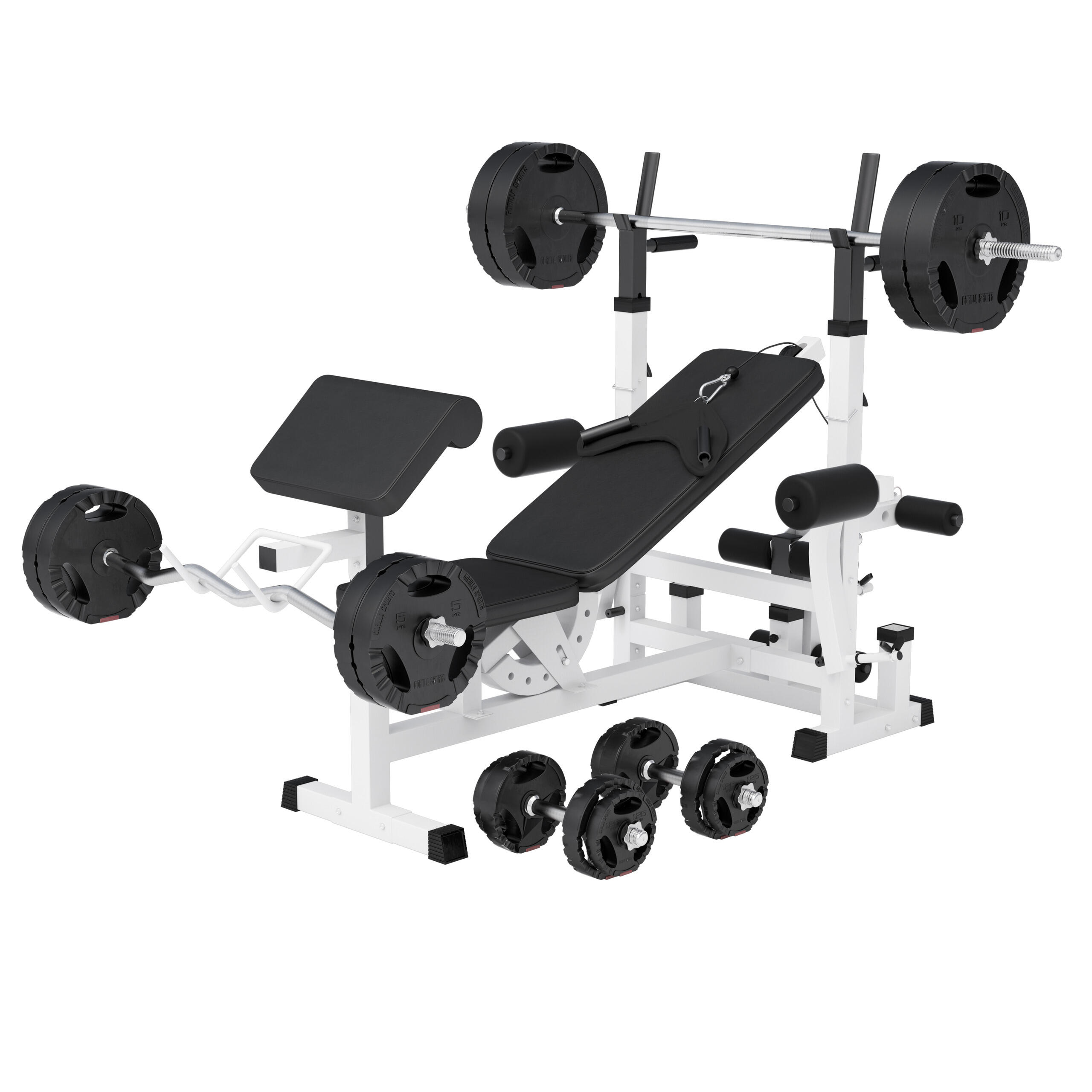 Gorilla Sports - Banc De Musculation - Multifonction, Set Haltères 100kg, Banc D'Haltérophilie - Appareil À Charge Guidée - Blanc - Taille Unique - Decathlon