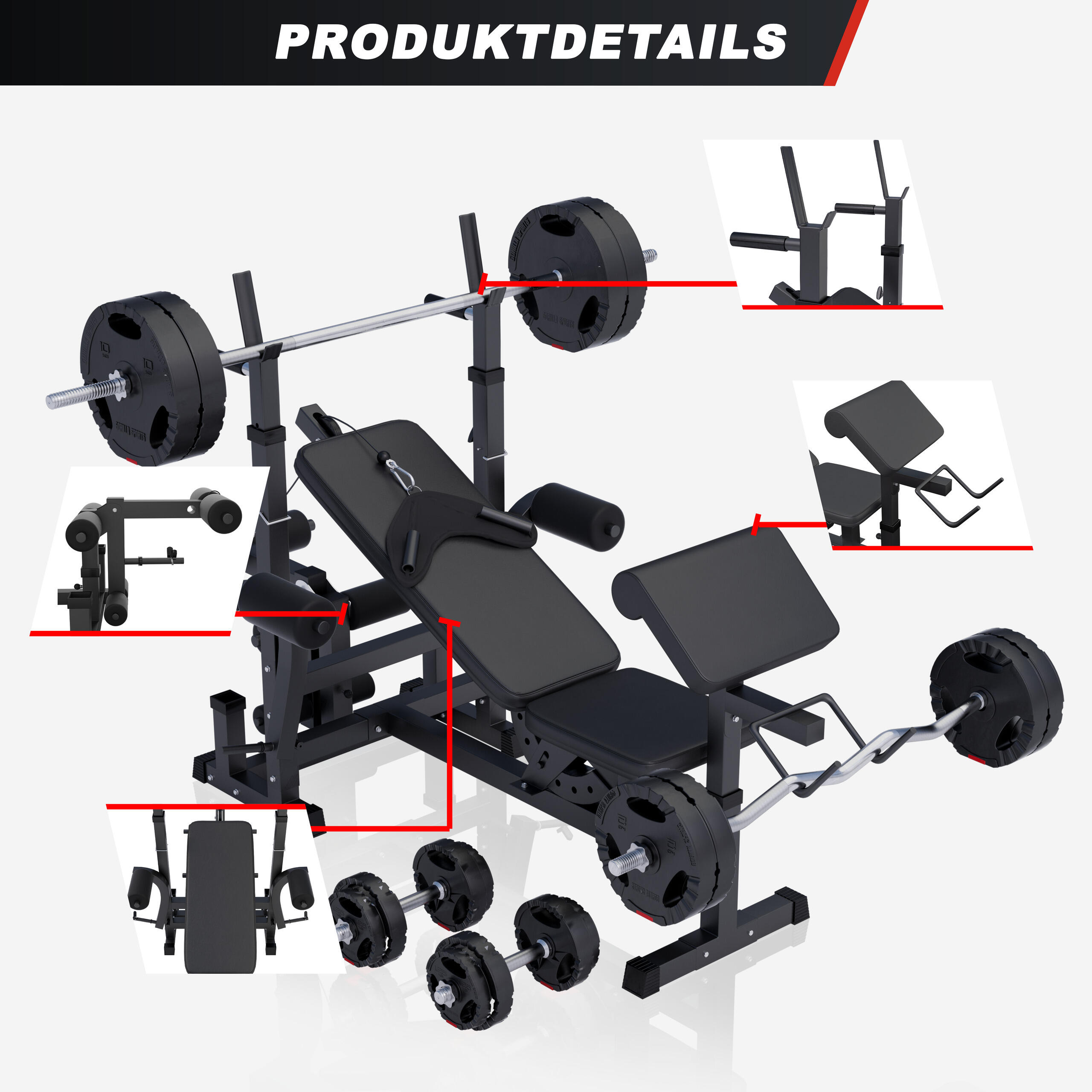 Kraftstation - inkl. 100kg Hantelset, Multifunktion Trainingsbank mit Gewichten 4/7