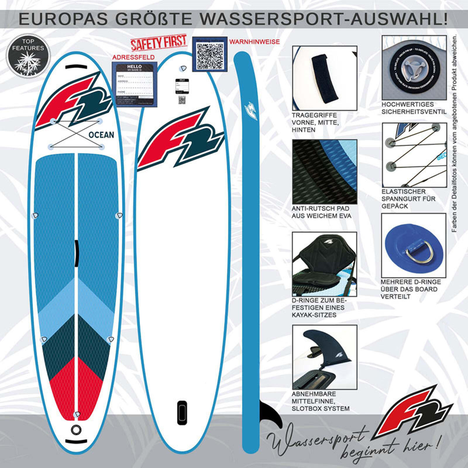 F2 Marken Stand Up Paddle Board Ocean Rot SUP 10'5 320cm + Basic Zubehör Paket 2/5