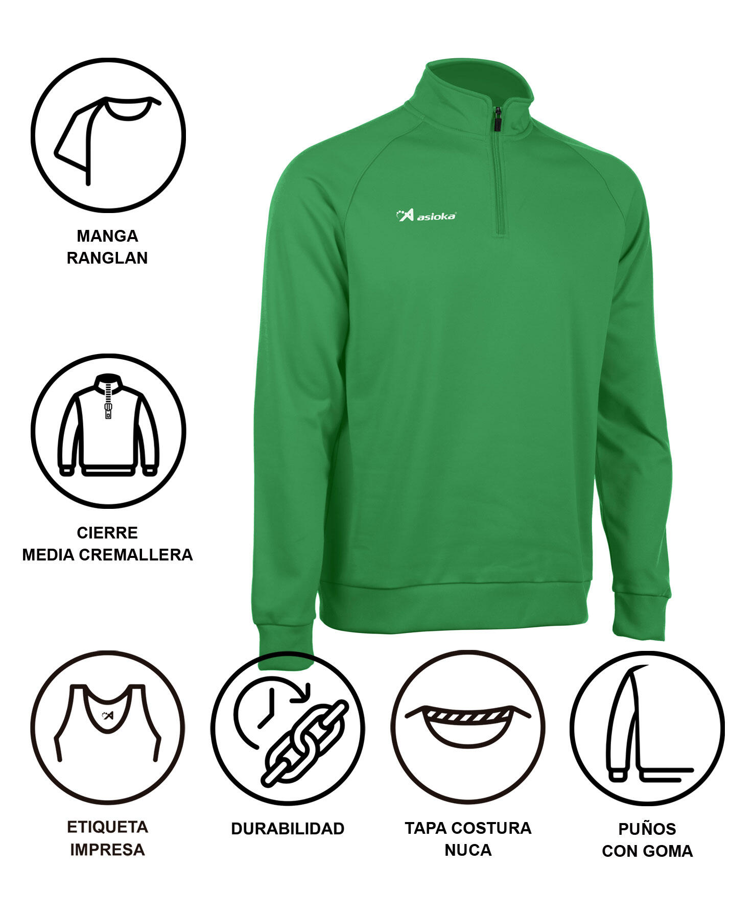 Sudadera de fútbol Adulto 1/2 cremallera Asioka BERLIN Verde. 6/7