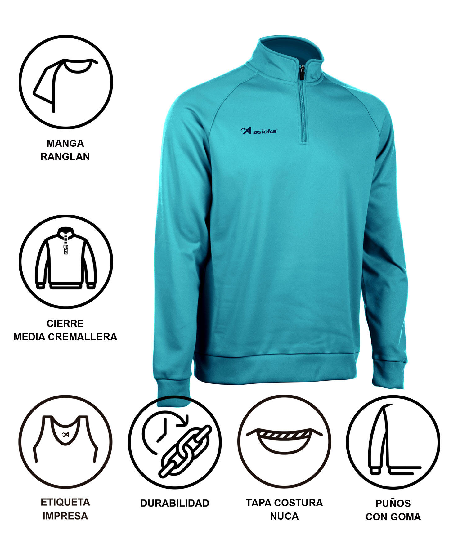 Sudadera de fútbol Adulto 1/2 cremallera Asioka BERLIN Turquesa. 6/7