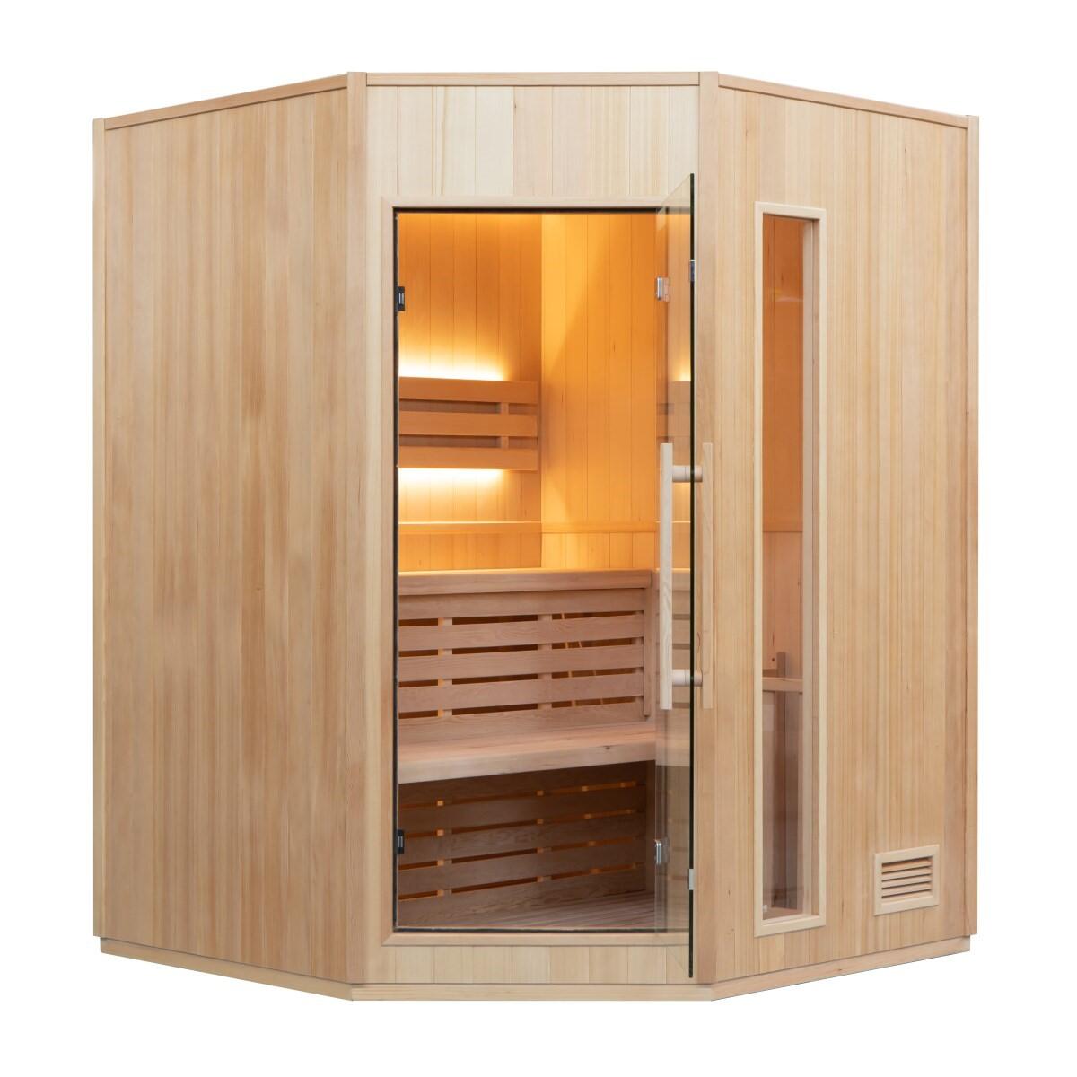 Sauna angular Zen 3/4 lugares em abeto canadense, forno Harvia incluído 2/7