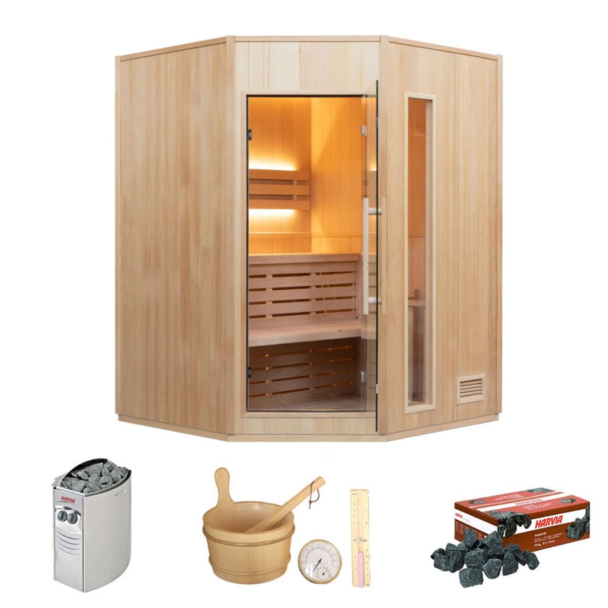 FRANCE SAUNA Sauna angolare Zen 3/4 posti in abete canadese, stufa Harvia inclusa