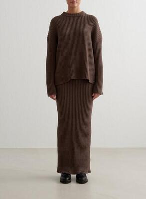 Donna Gonna Lunga Maglia a Coste Elasticizzata Marrone