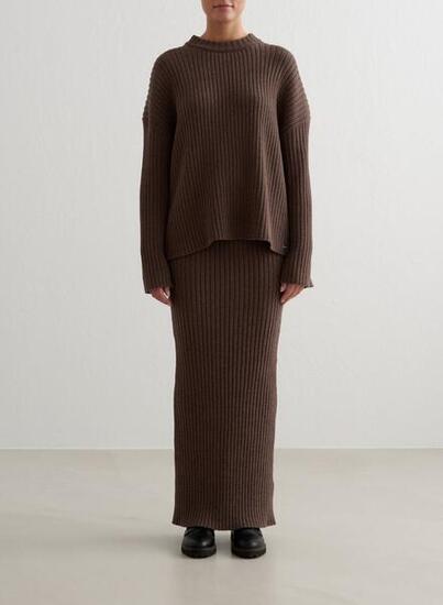 Donna Gonna Lunga Maglia a Coste Elasticizzata Marrone