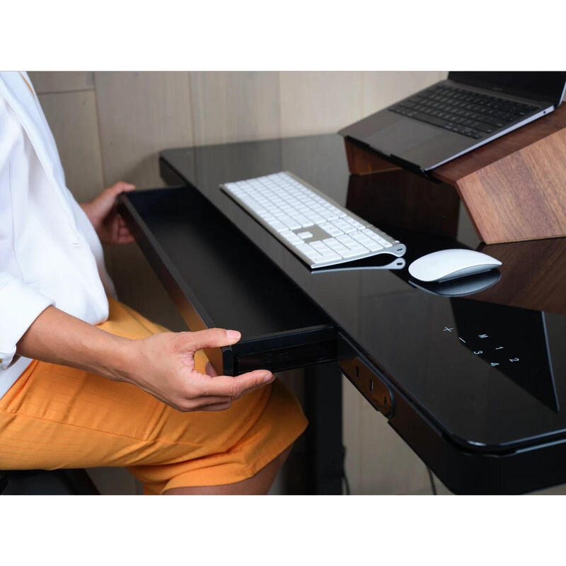 Birou de lucru LifeSpan Workplace SDG din sticlă, cu port cadru, tip sit-stand