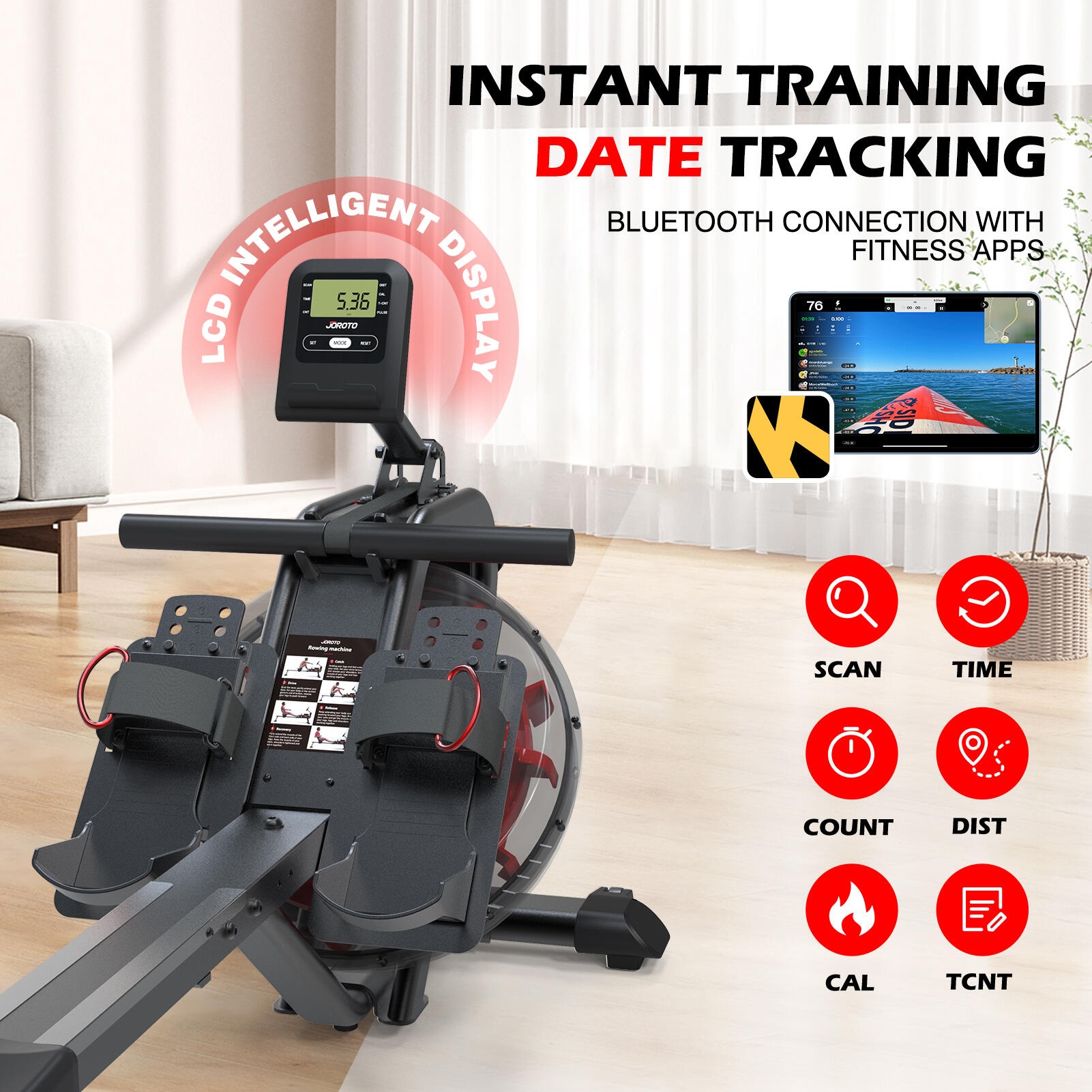 JOROTO Rameur Musculation, Rameur d'appartement à Eau avec Connexion Bluetooth 6/7