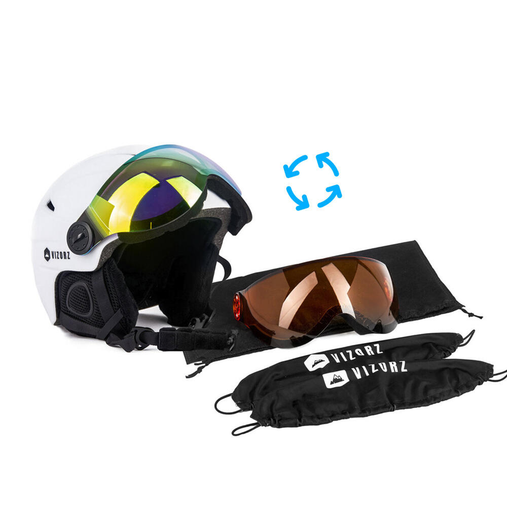 Vizorz Casque de ski - Blanc - Inclus visière orange et visière gris/or 7/7