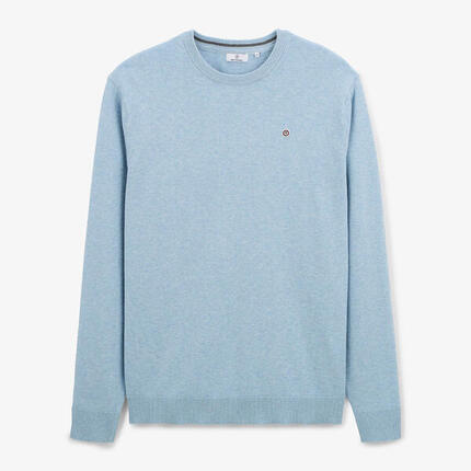 Pull col rond uni bleu coton laine et cachemire