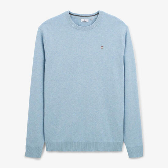 Pull col rond uni bleu coton laine et cachemire