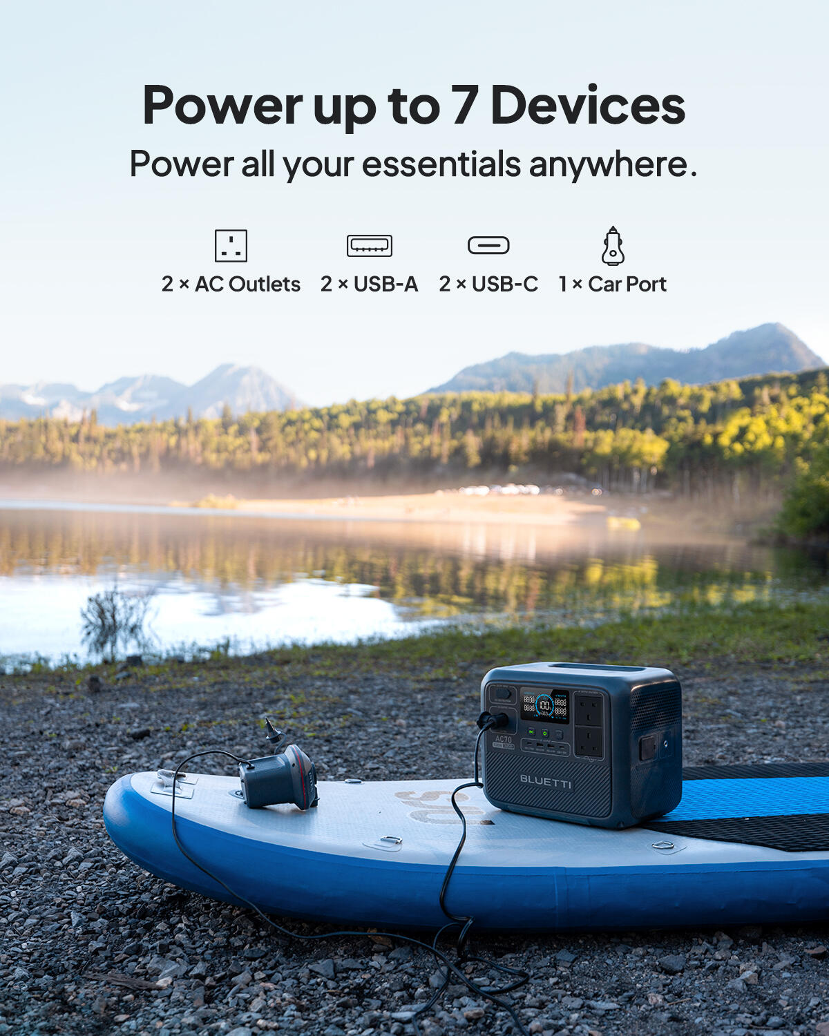 BLUETTI Portable Power Station AC70+Charger1,1.8 H Full Charge via Car for Road 6/9