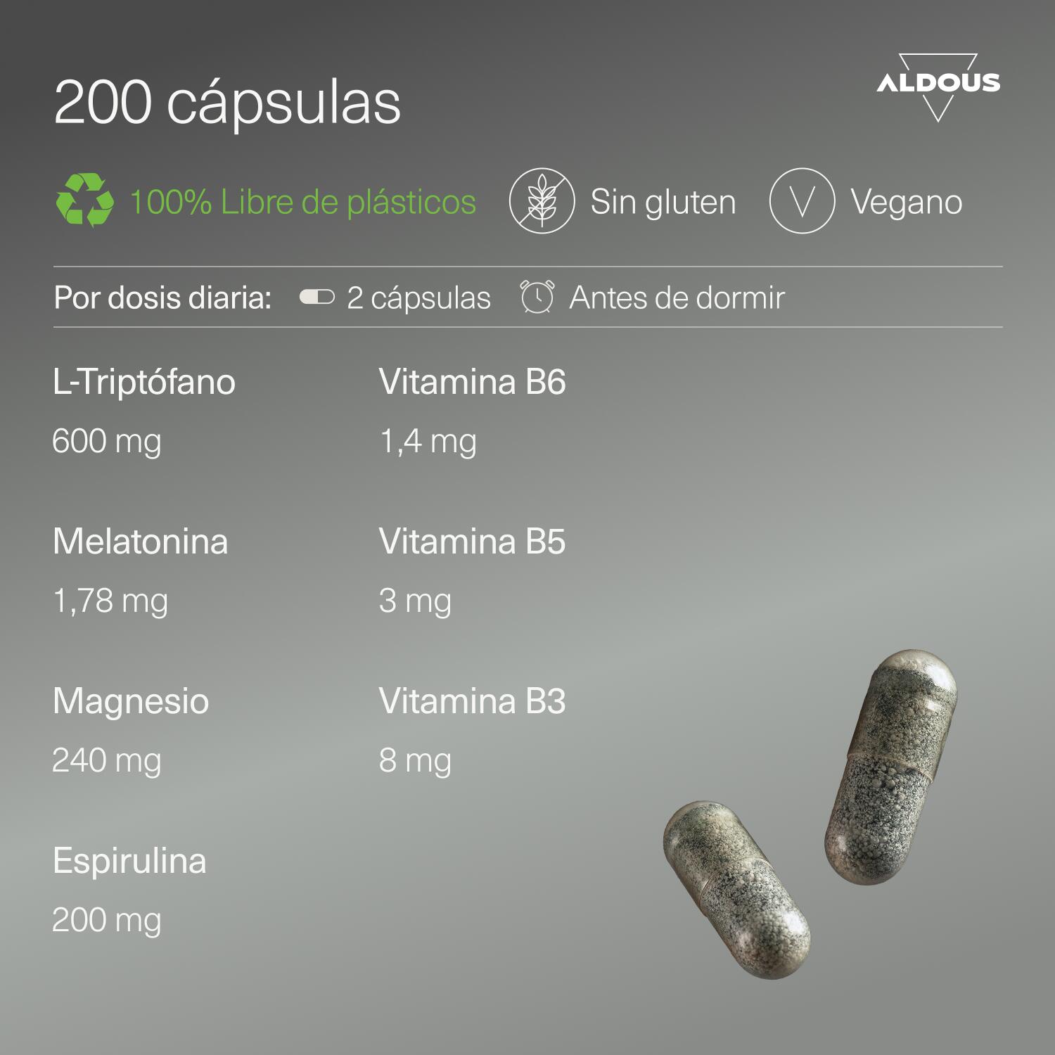 L-triptofano con melatonina, magnesio, spirulina e vitamine 3/7