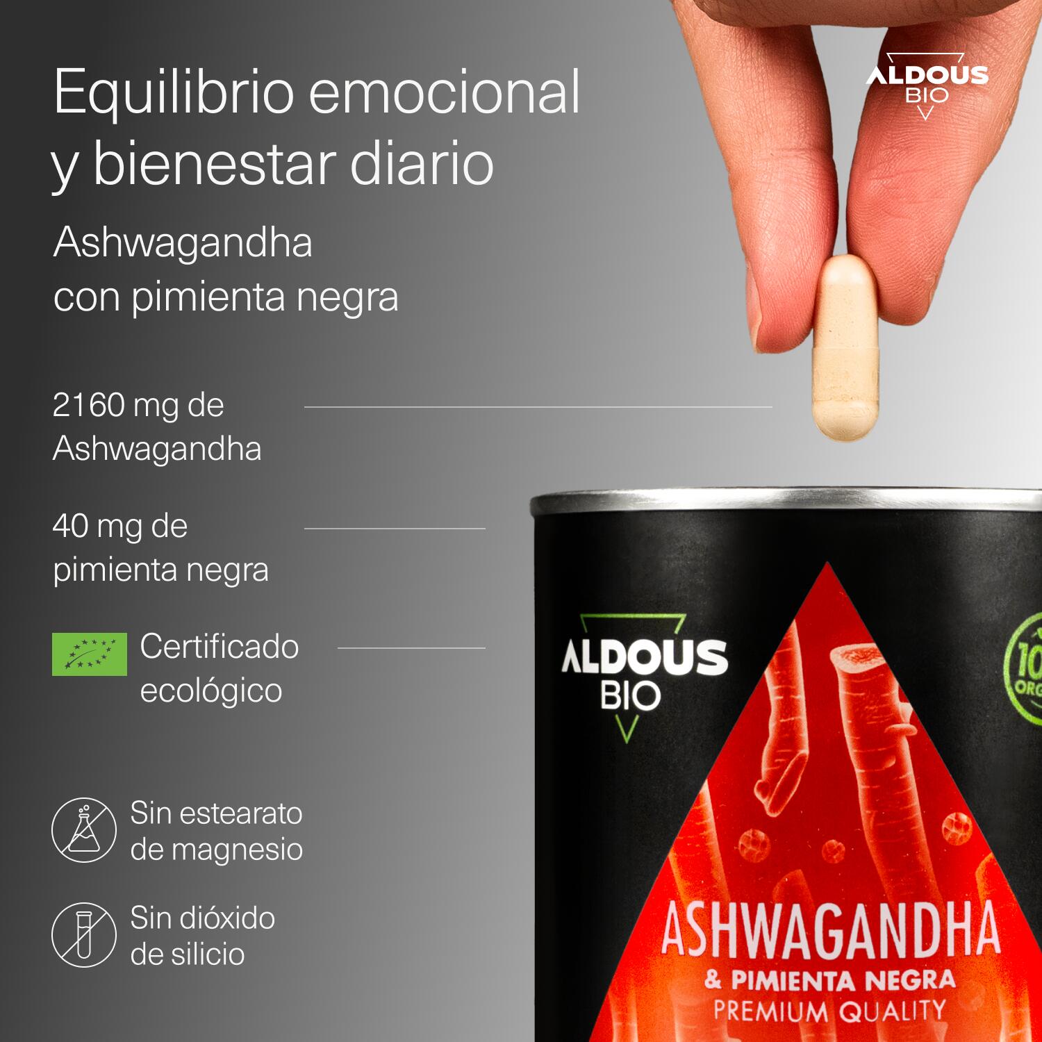 Ashwagandha con Pimienta Negra Ecológica Aldous Bio | 250 cápsulas 2/7