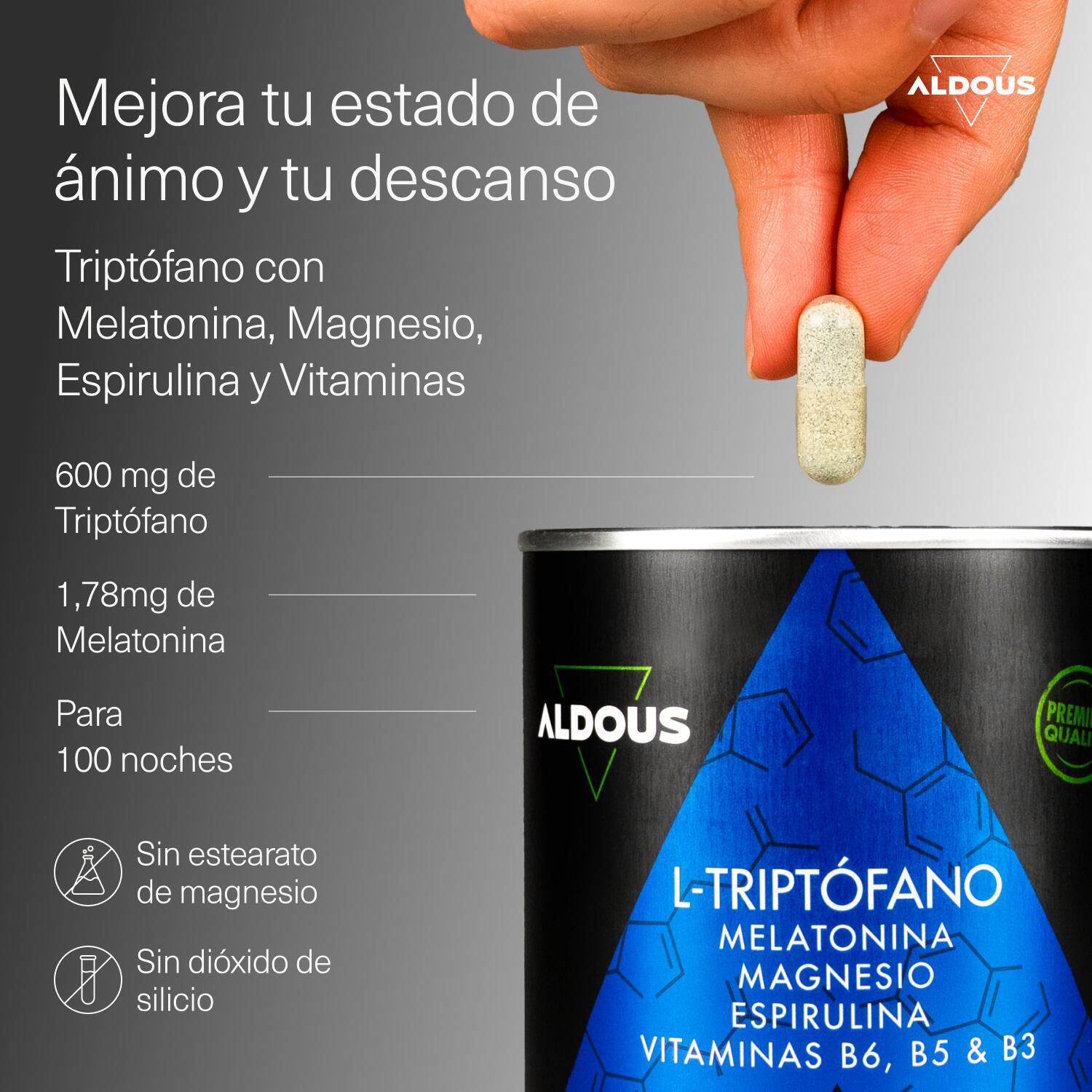 L-triptofano con melatonina, magnesio, spirulina e vitamine 2/7