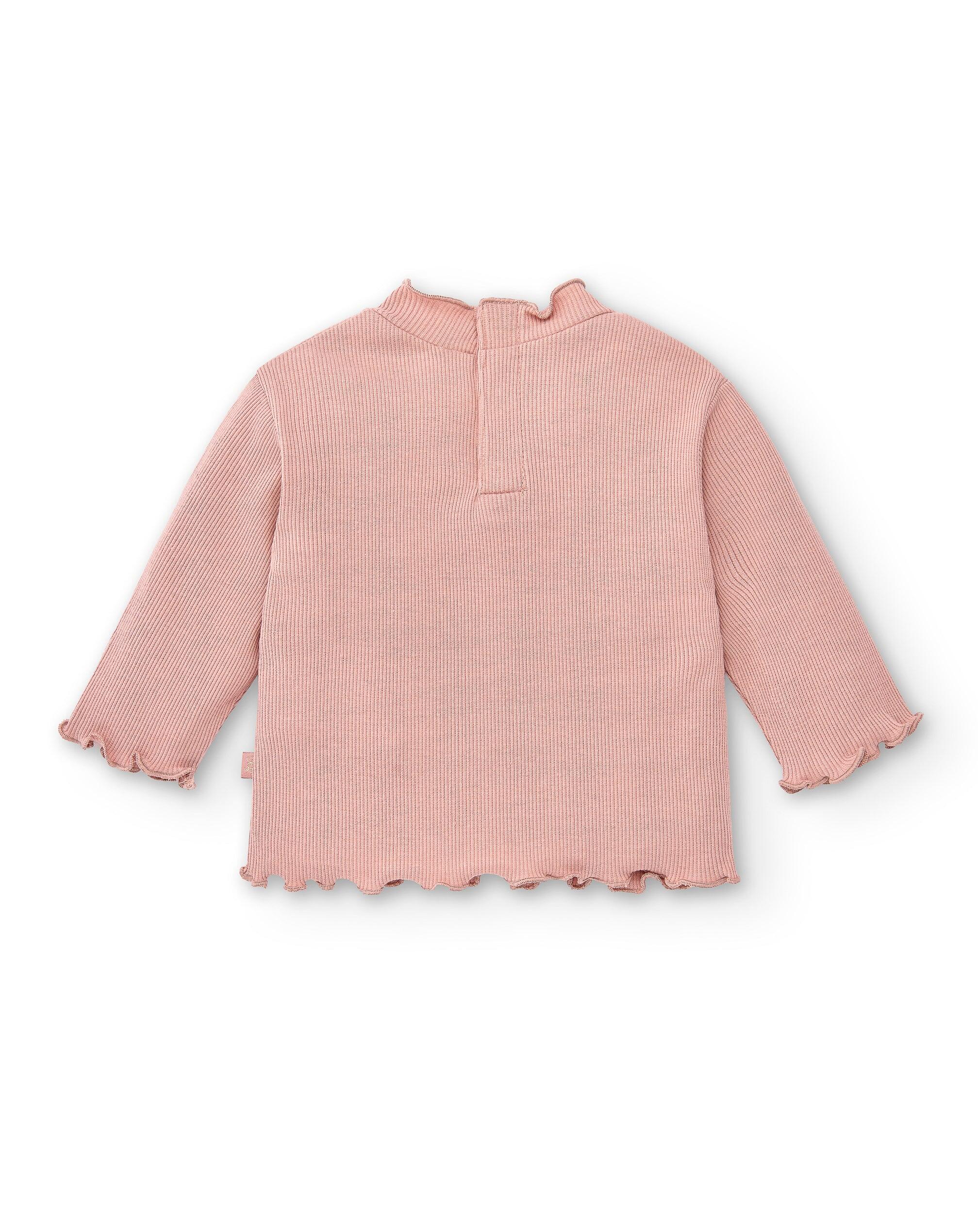Camiseta manga larga de bebé básica rosa con cuello 2/3
