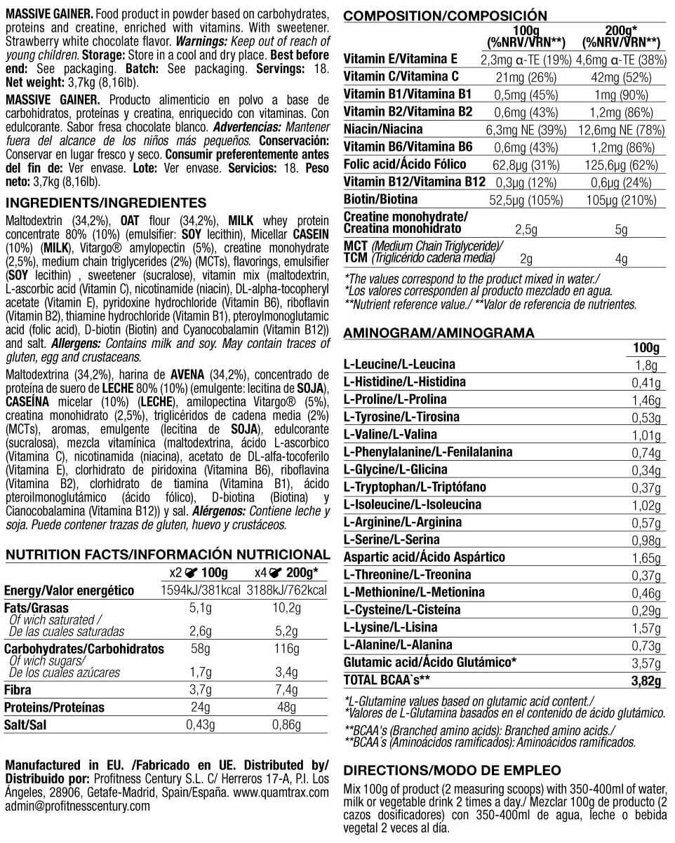 Massive gainer - 3,7kg Fraise Chocolat Blanc de Quamtrax 2/3
