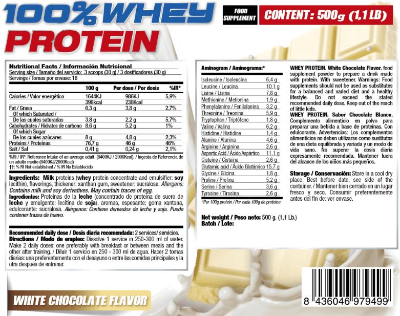 100% Whey Protein - 500g Chocolate Blanco Quamtrax 2/3