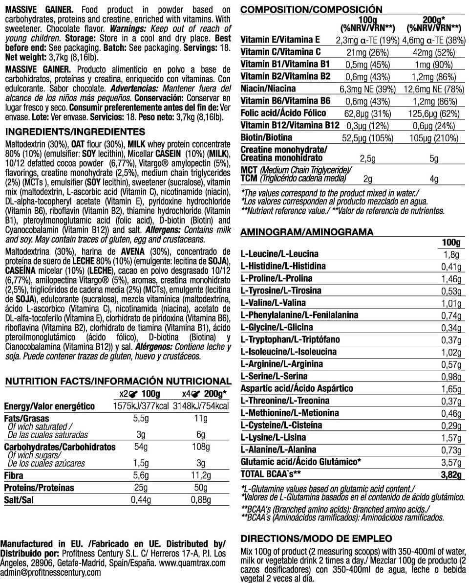 Massive gainer - 3,7kg Chocolat de Quamtrax 2/3