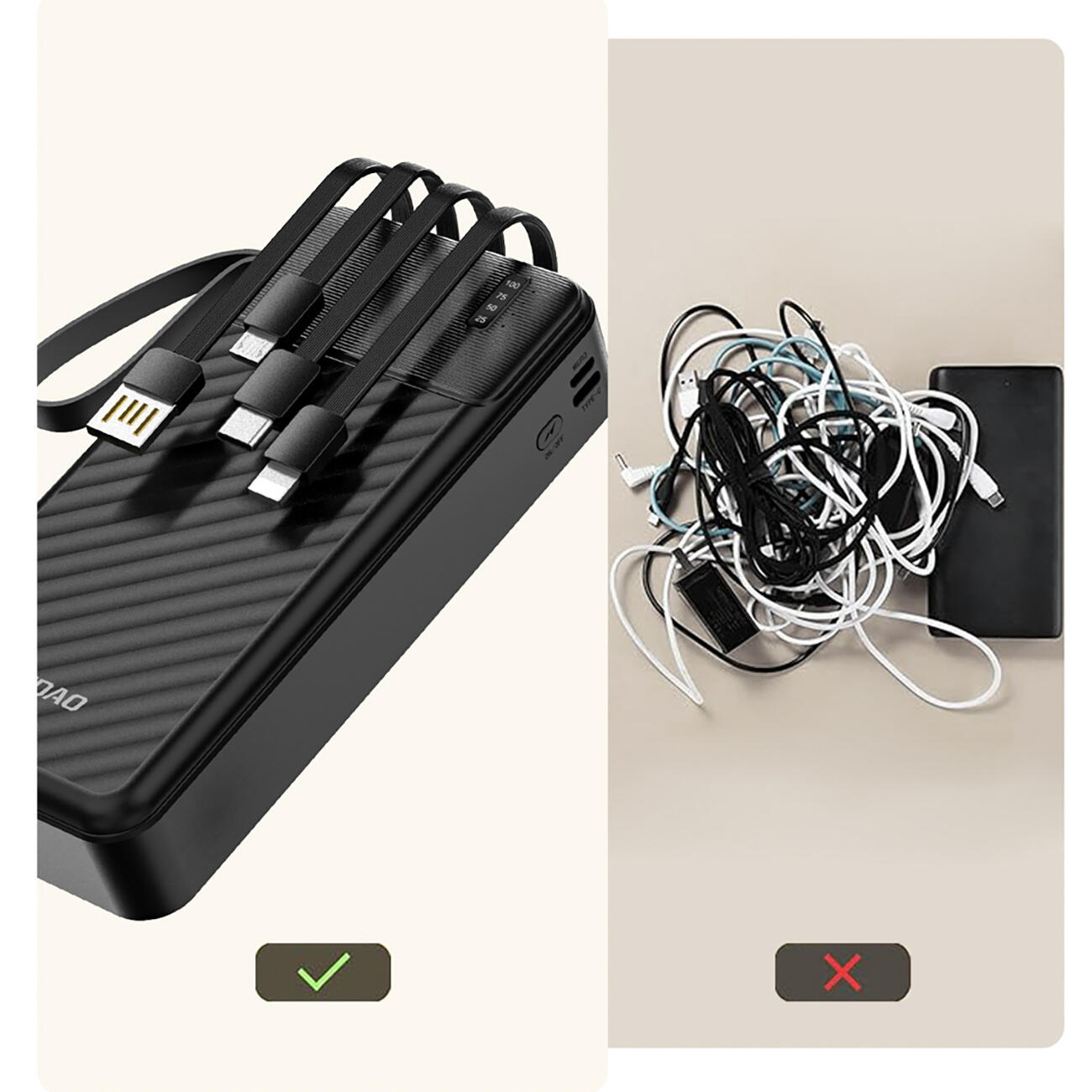 Power bank K11 Pro da 20000 mAh con cavi integrati 6/7