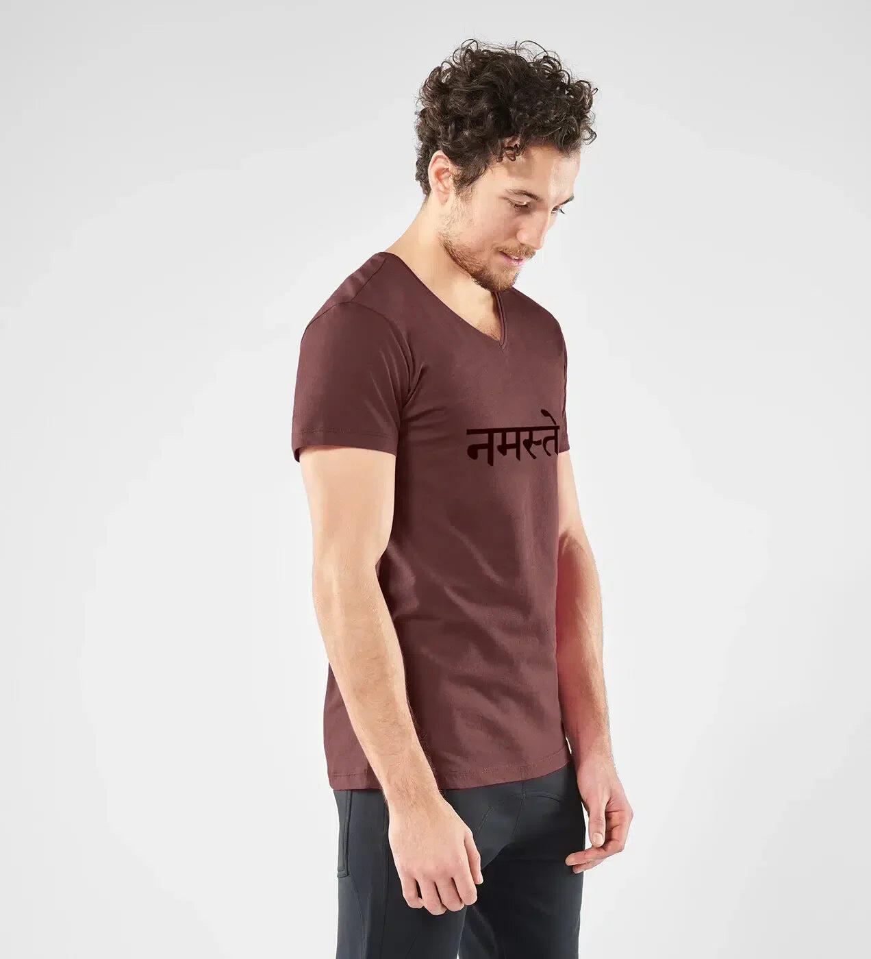 T-shirt Namaste - Col en V à la hanche, doux et confortable - Marron 2/3