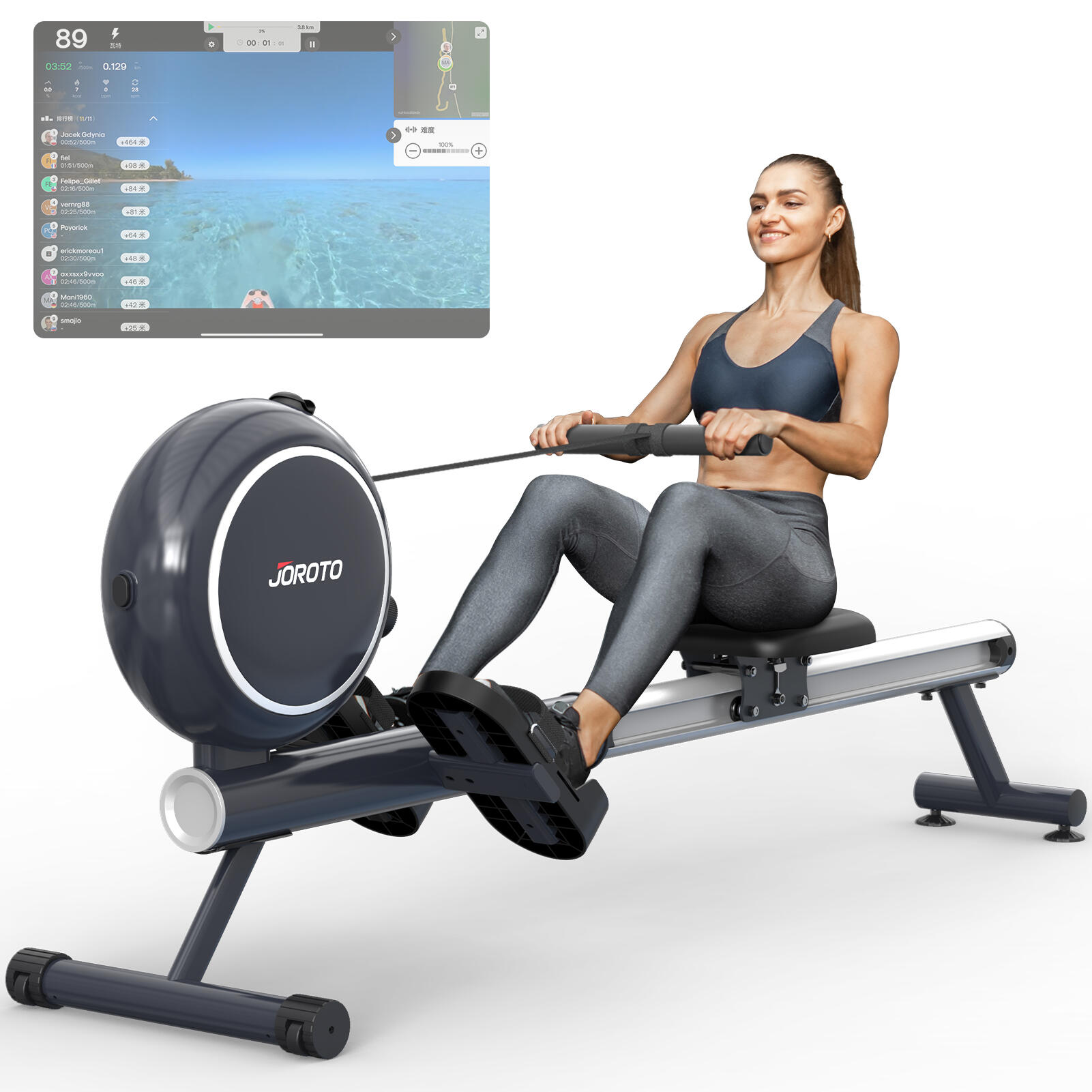 Joroto - Rameur Jr40b Avec Résistance Magnétique, 8 Résistance, Bluetooth + Application - Rameur - Noir - Taille Unique - Decathlon