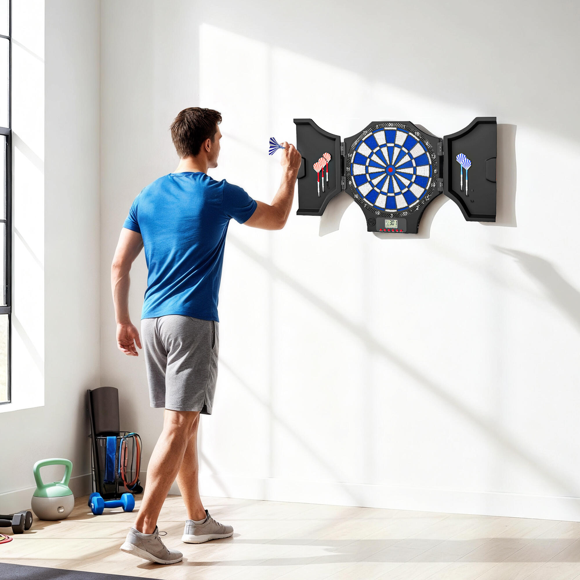 SPORTNOW Bersaglio Freccette Elettronico con 6 Freccette e Ante Nero e Blu 2/8
