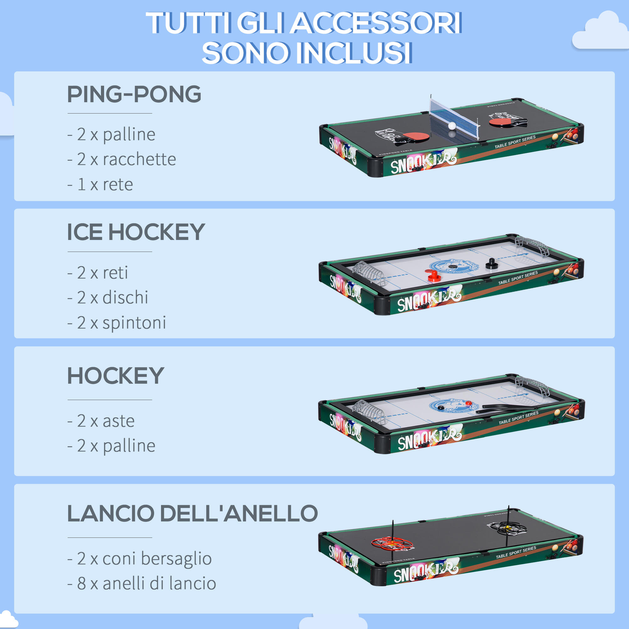 HOMCOM Tavolo da Gioco 6 in 1 in MDF, Resina e Acciaio Inox Multicolore 7/8