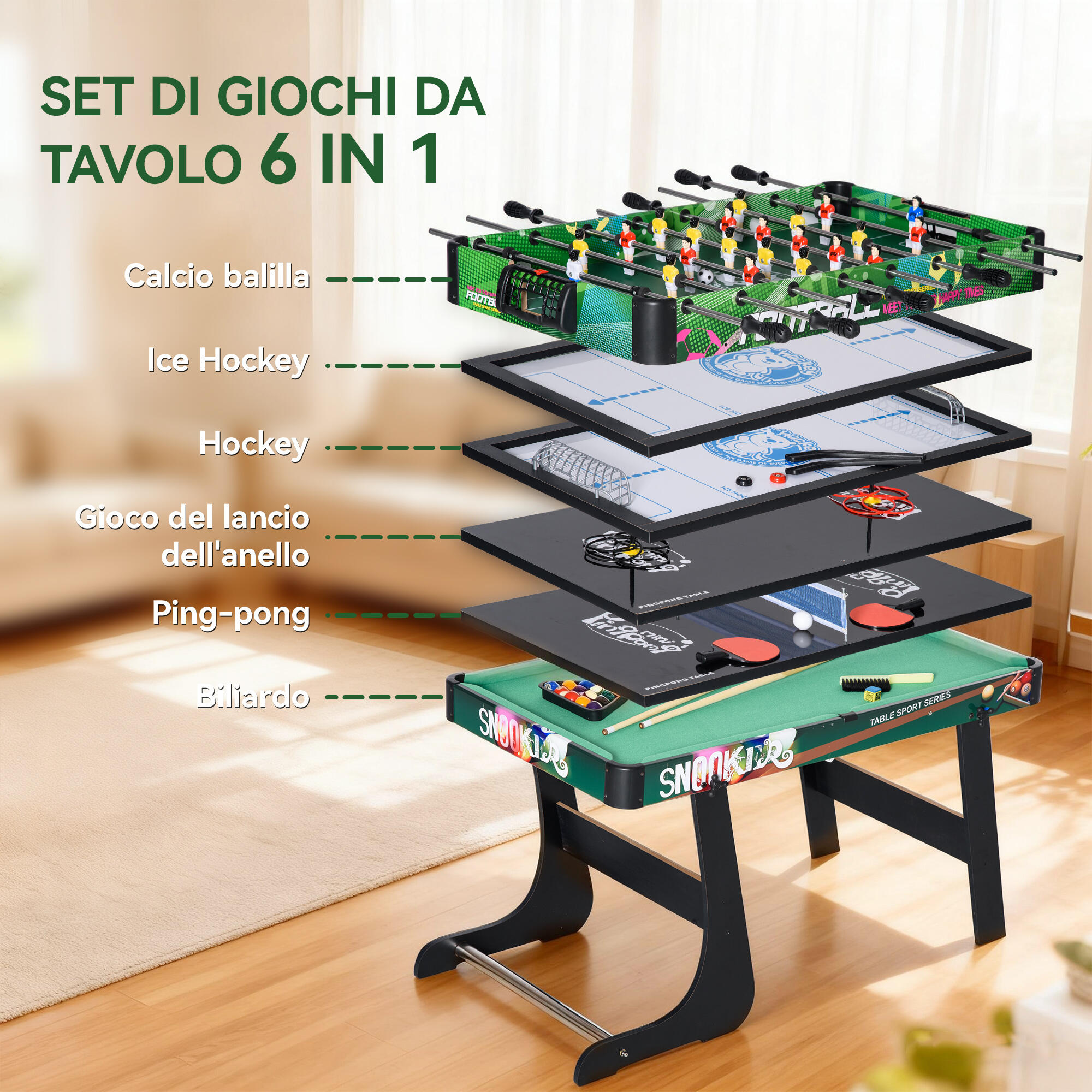 HOMCOM Tavolo da Gioco 6 in 1 in MDF, Resina e Acciaio Inox Multicolore 4/8