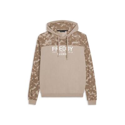 Felpa cappuccio con inserti camouflage e grafica centrale