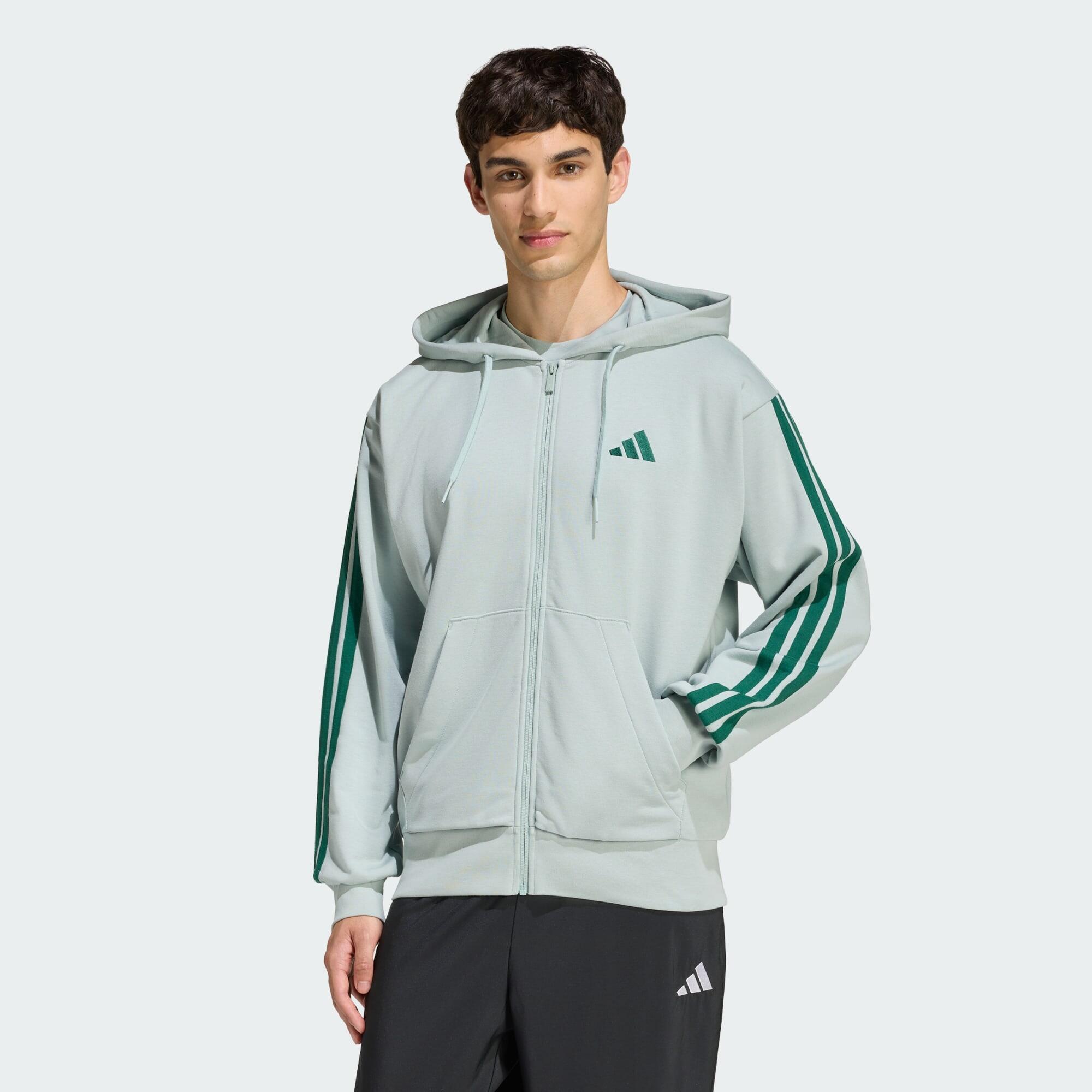 Adidas - Veste À Capuche Entièrement Zippée French Terry 3 Bandes Essentials - Pull - Vert - Decathlon