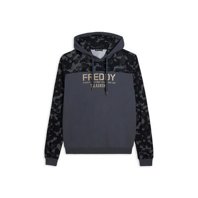 Felpa cappuccio con inserti camouflage e grafica centrale