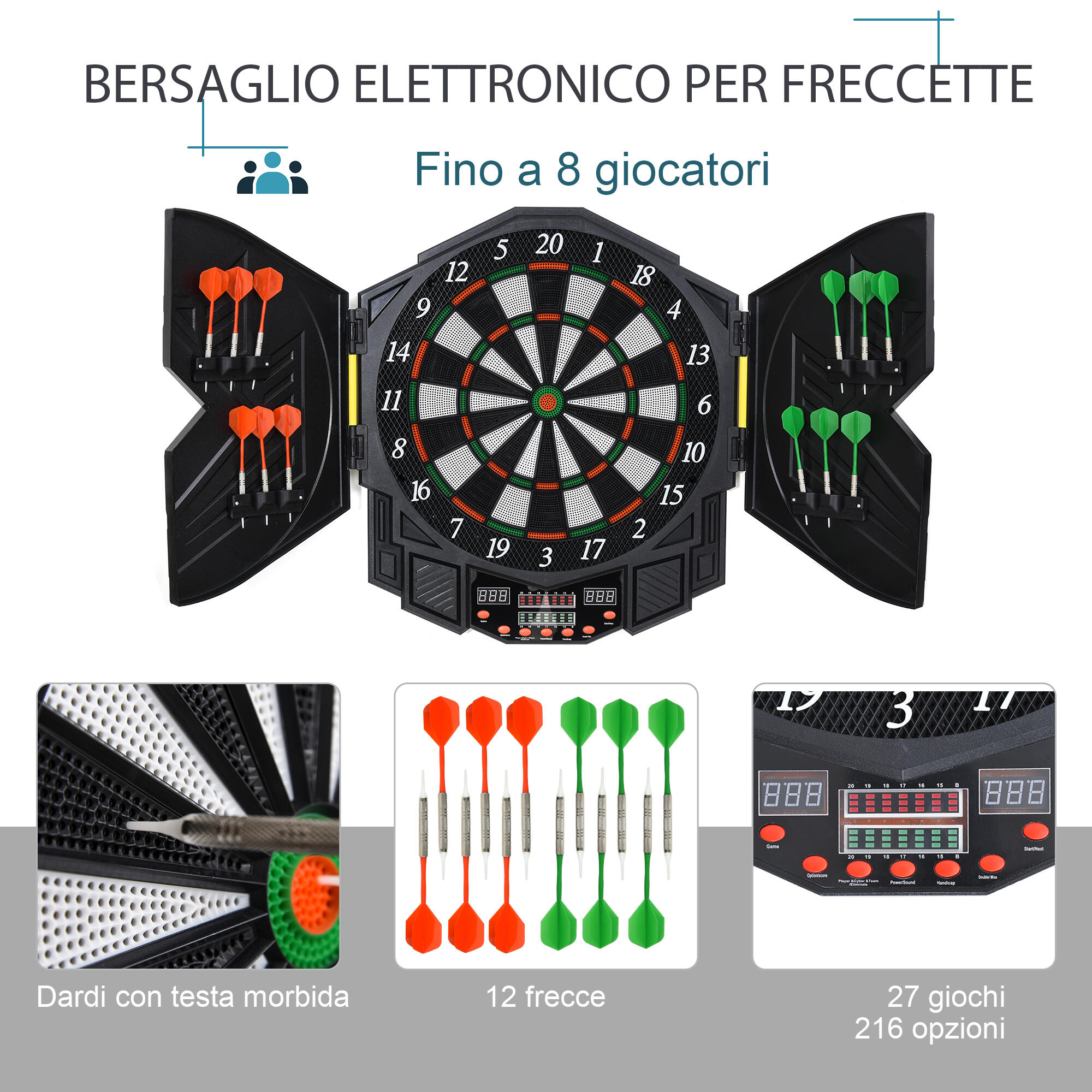 HOMCOM Bersaglio Elettronico Digitale con 12 Freccette, 27 Giochi e 216 Modalità 4/8