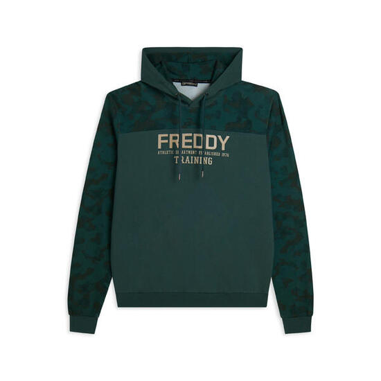 Felpa cappuccio con inserti camouflage e grafica centrale