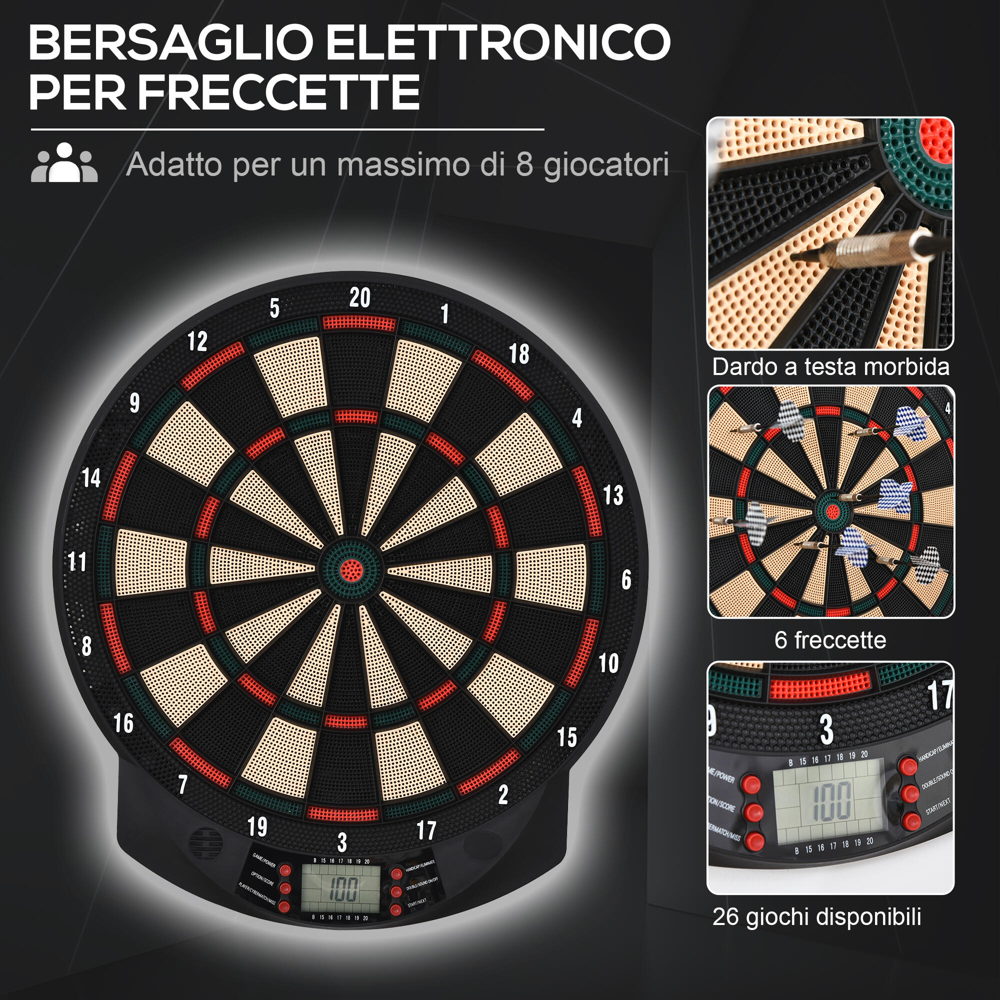 HOMCOM Bersaglio a Freccette Elettronico con 6 Freccette, 44x39.5x2.2cm, Nero 5/8