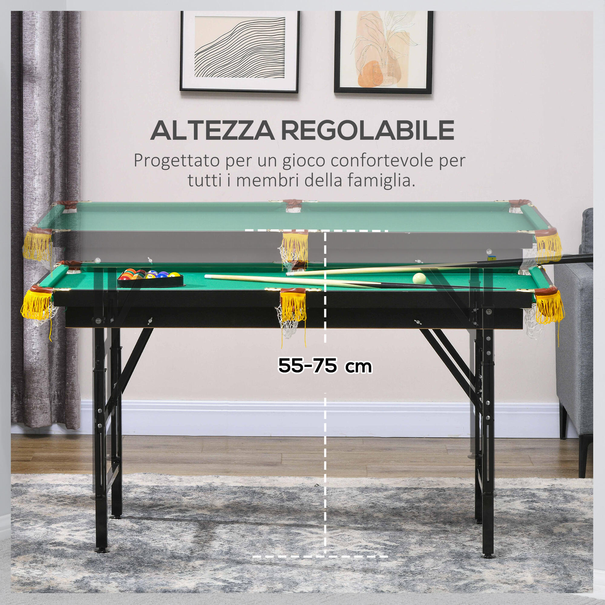 SPORTNOW Tavolo da Biliardo ad Altezza Regolabile in MDF e Acciaio Verde 4/8