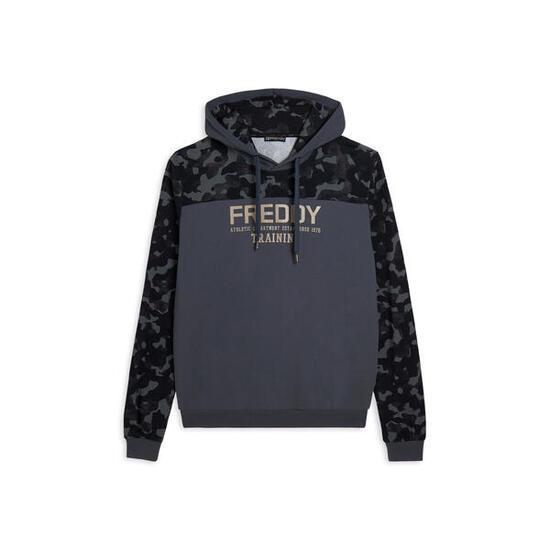 Felpa cappuccio con inserti camouflage e grafica centrale