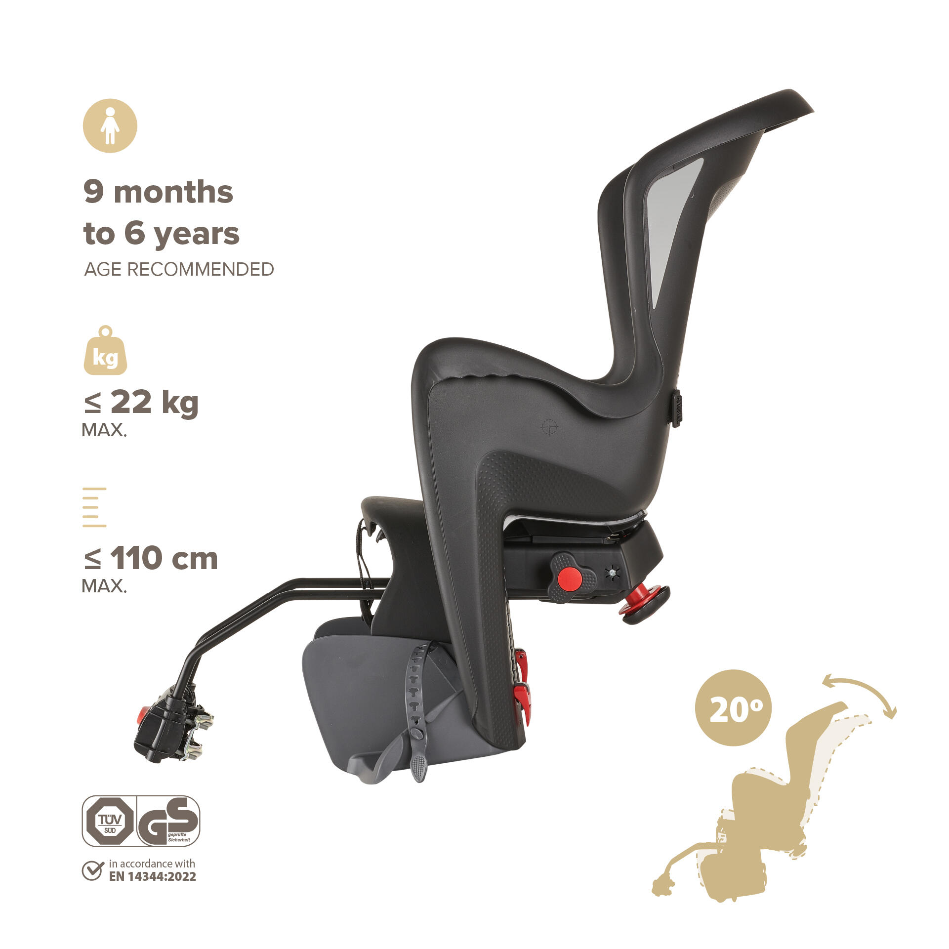 Silla Bicicleta fijácion Trasera Cuadro Reclinável BILBY Negro y Gris 2/8