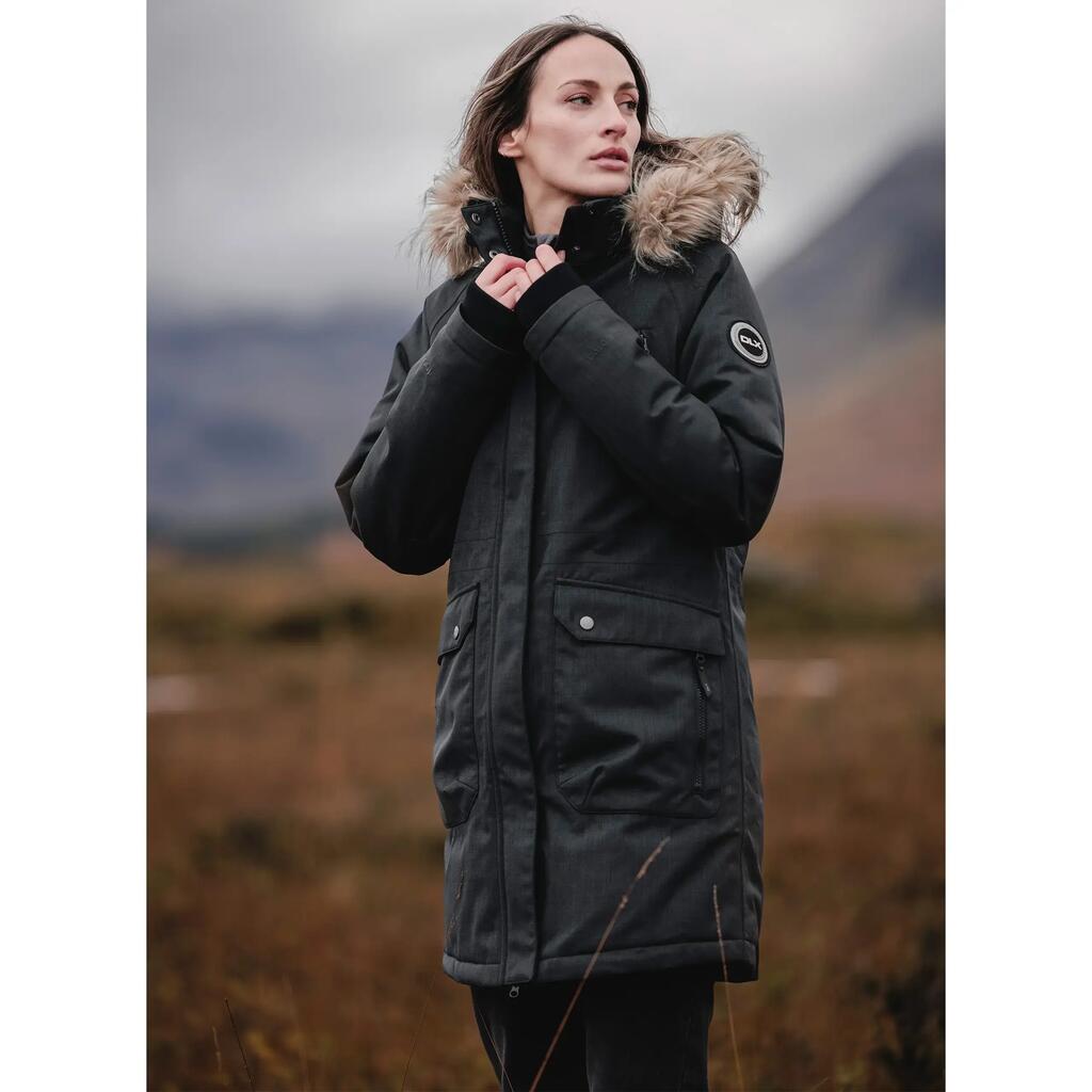 Womens Down Jacket Long Length Full Front Zip Detachable Hood Fur Trim Dana