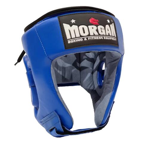 Blue Morgan open-face boxing headguard with padded cheek and ear protection