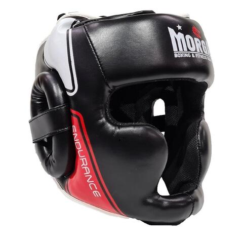 Black and red Morgan full-face boxing headguard with padded cheek and chin protection