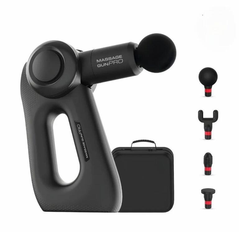 Black massage gun with four interchangeable massage heads and storage case