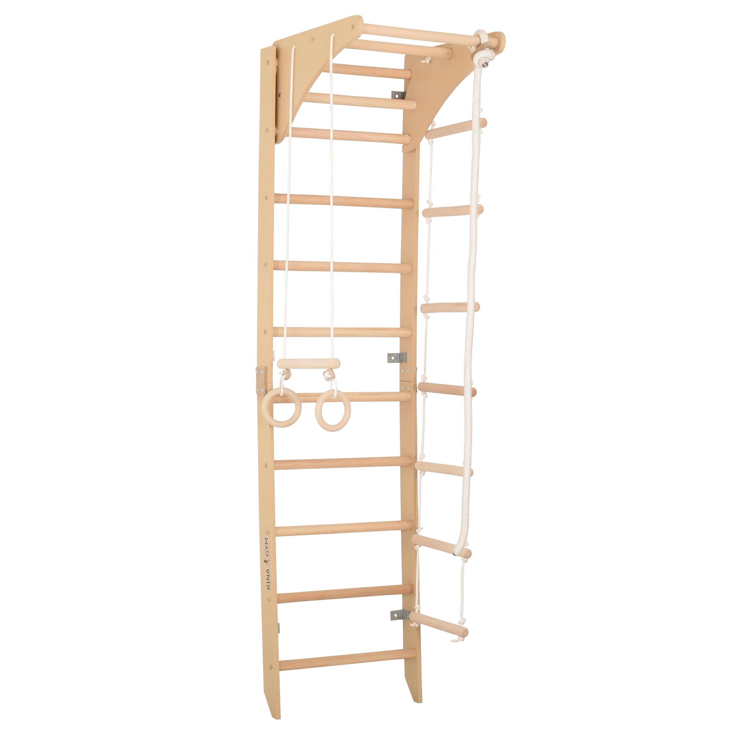 Sprossenwand Holz mit Klimmzugstange, Ringen & Seil – Indoor (SPR C) 4/5