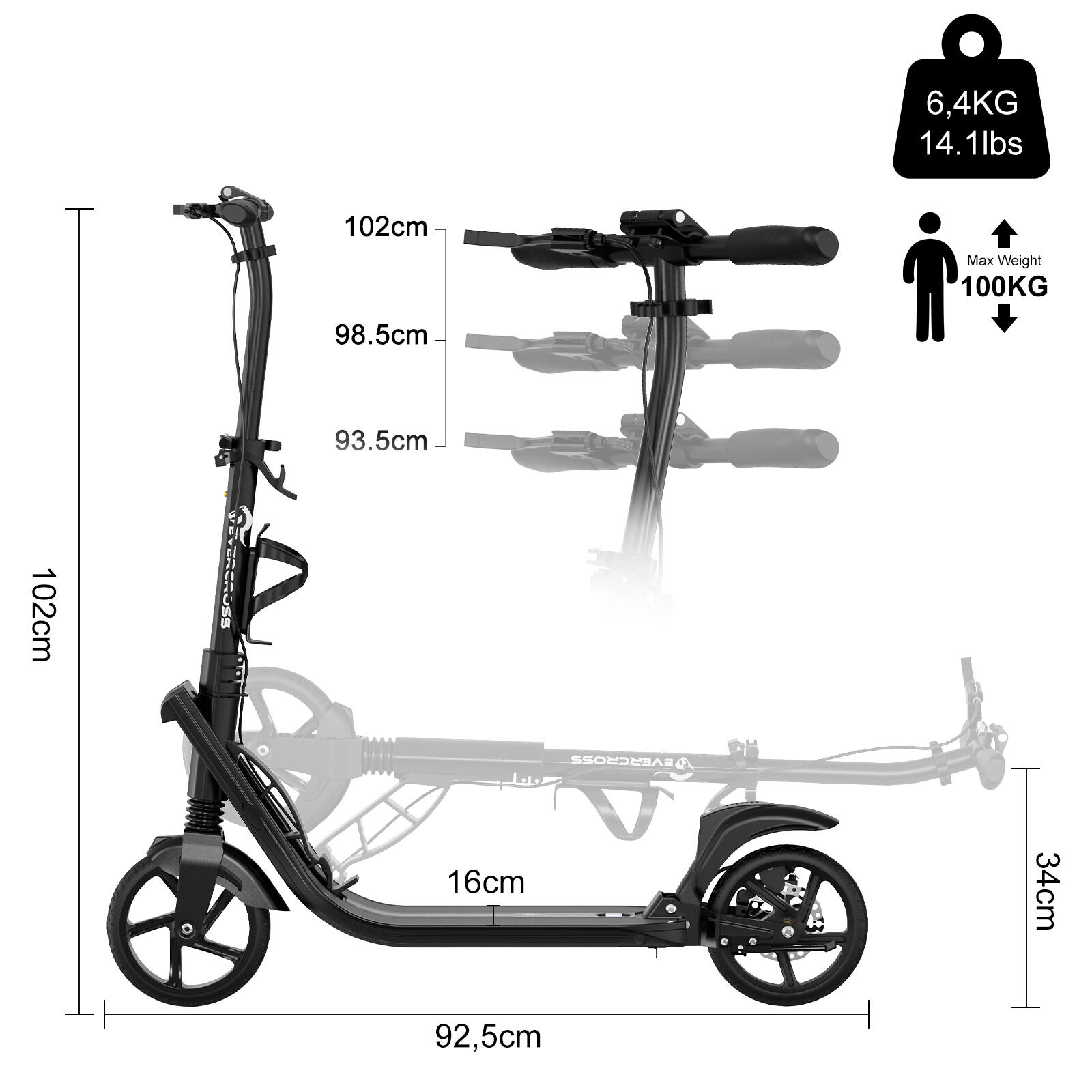 Trottinette Pliable-3 Hauteurs Réglable-Amortisseur-Frein Double-EVERCROSS K8 3/7