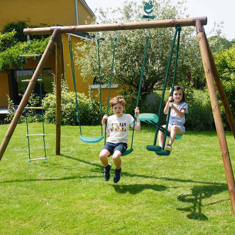 Portique en bois rond 4 agrès avec face à face et échelle GABIN 3/5
