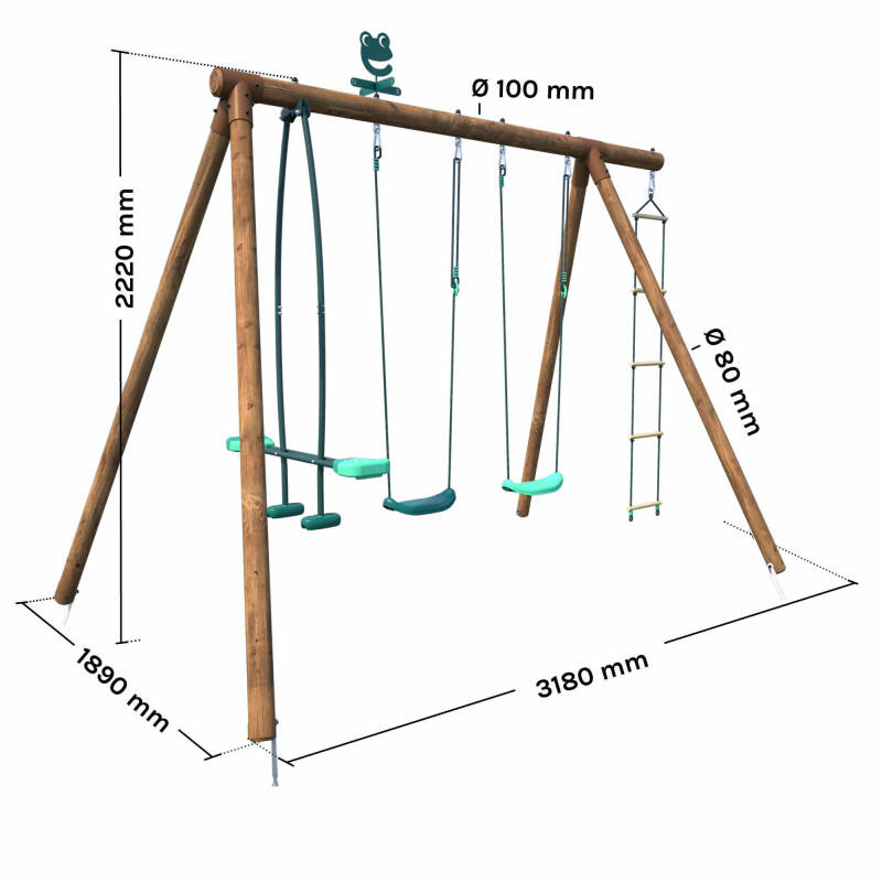 Portique en bois rond 4 agrès avec face à face et échelle GABIN 4/5