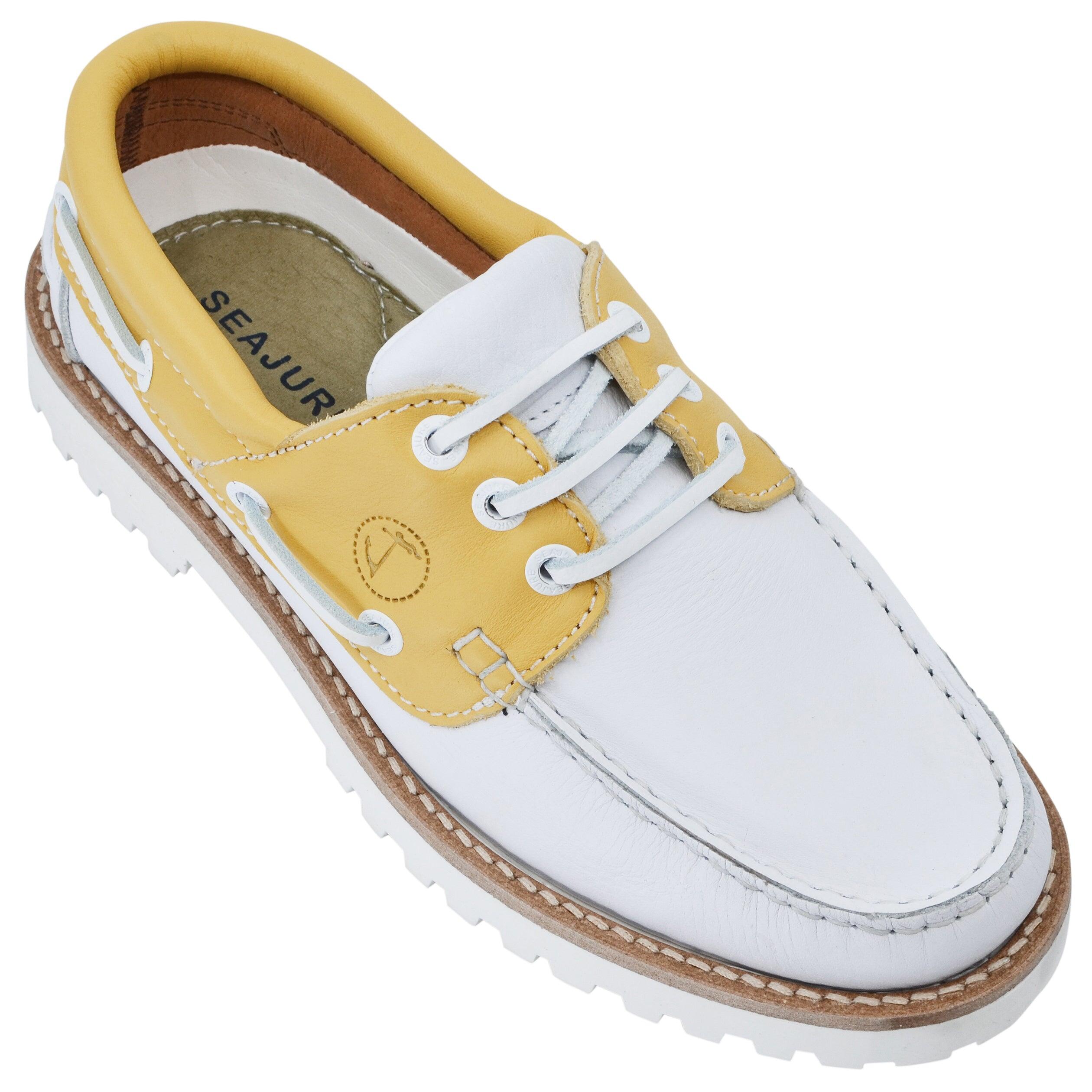 Mujer Cuero Zapatos Náuticos Quirimbas Blanco, Amarillo 5/7