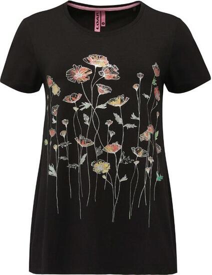 LOAP T-shirt femme Abonie, 95% coton/5% élasthanne, noir, S, imprimé coquelicot