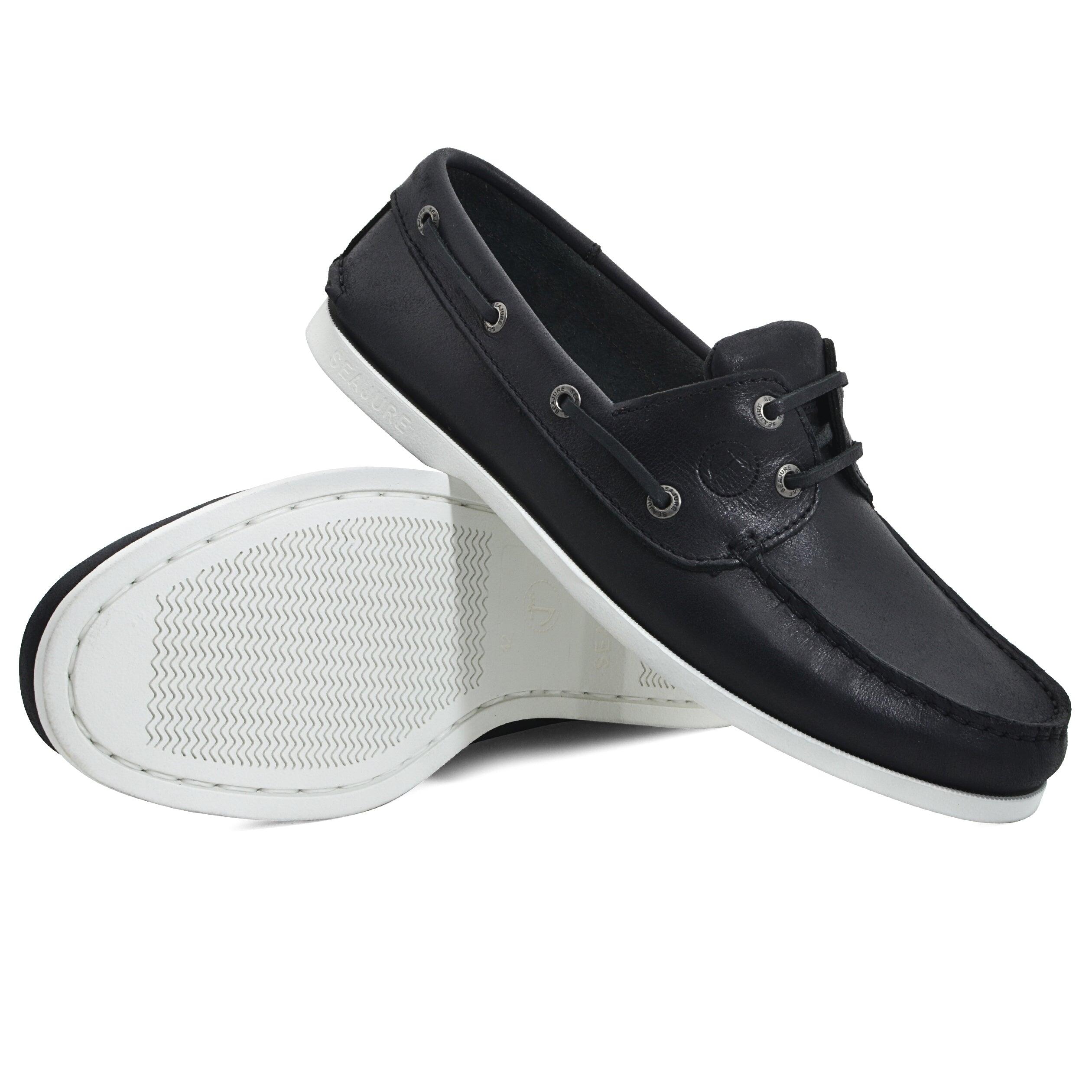 Hombre Cuero Zapatos Náuticos Tempest Negro 3/4